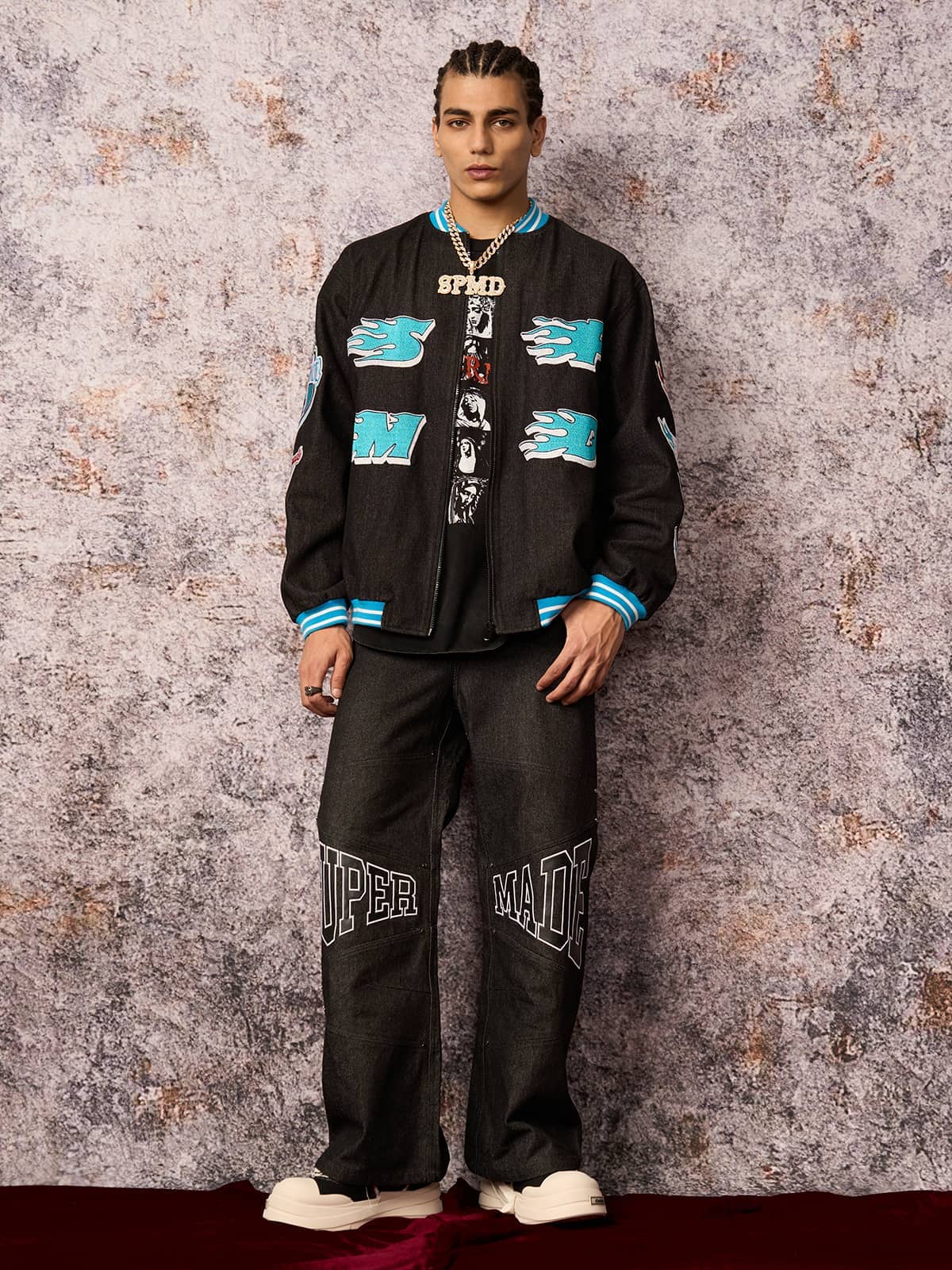 Original Embroidered Patch Flame Design Bomber Jacket
