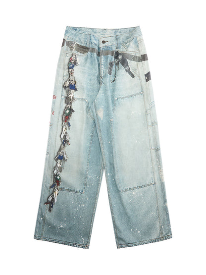 Distressed Washed Ink-splashed Chain Print Baggy Jeans
