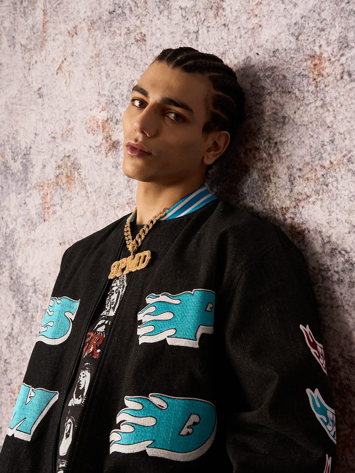 Original Embroidered Patch Flame Design Bomber Jacket