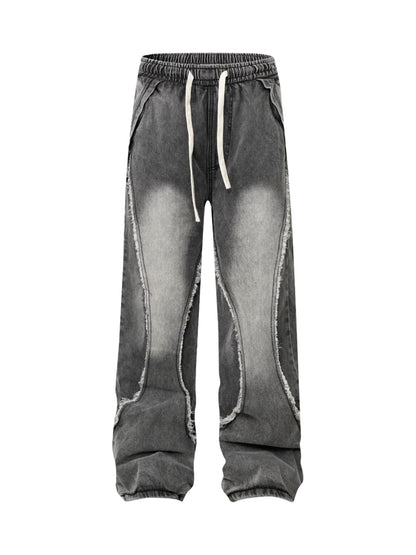 Washed Distressed Raw Edge Drawstring Jeans
