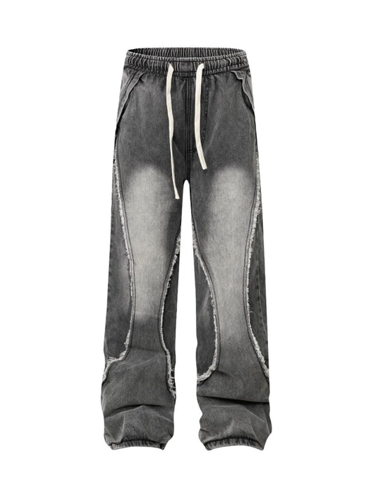 Washed Distressed Raw Edge Drawstring Jeans
