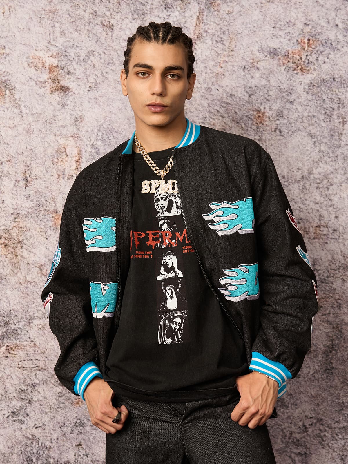 Original Embroidered Patch Flame Design Bomber Jacket