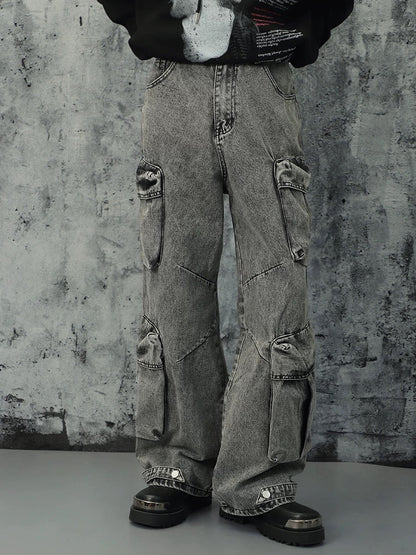 Thesupermade Washed Multi-pocket Cargo Jeans