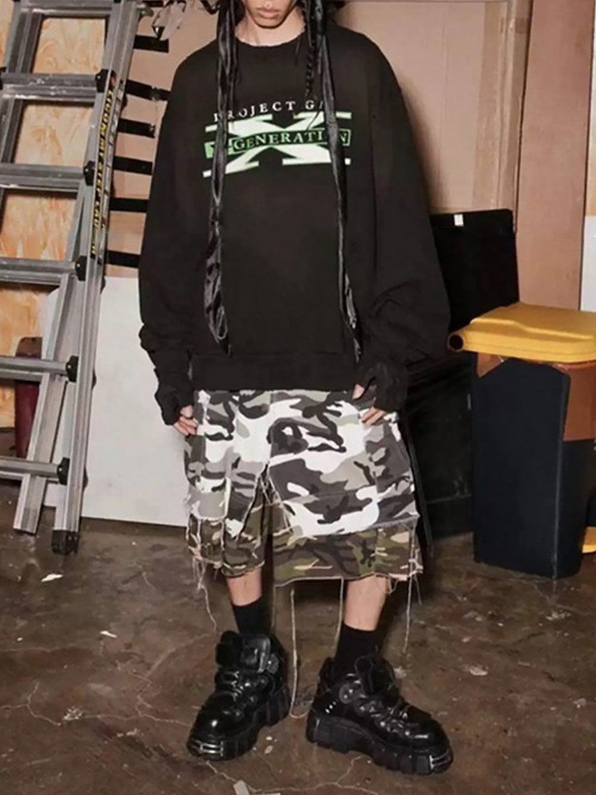 Retro Faux Two-Piece Whisker Camouflage Jorts - 2386