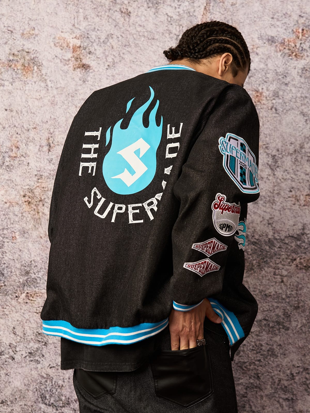 Original Embroidered Patch Flame Design Bomber Jacket
