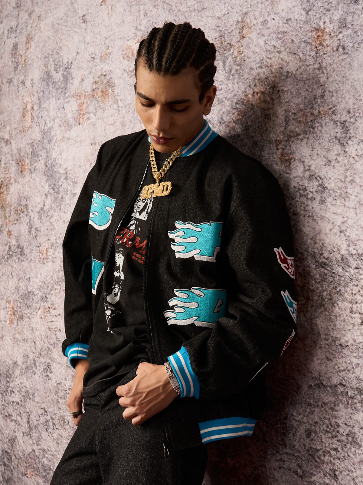 Original Embroidered Patch Flame Design Bomber Jacket