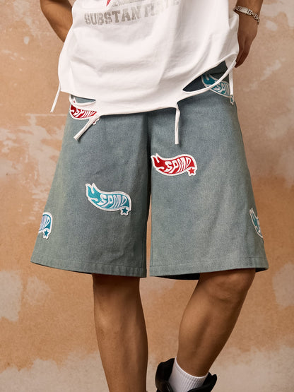 Original Street Embroidered Patch Denim Shorts