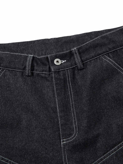 Deconstructed Split Topstitched Pleated Pocket Jeans
