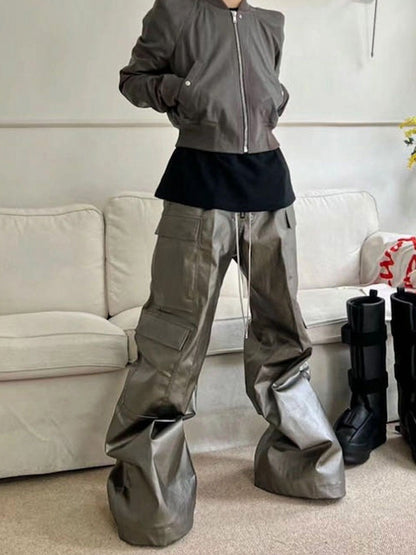 RO Style Matte Coated Leather Baggy Trousers - 2339