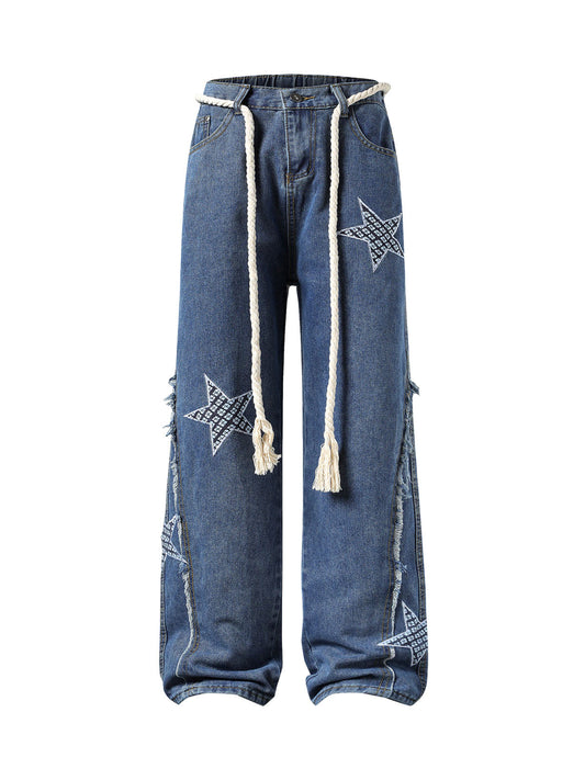 Street Drawstring Star Applique Jeans