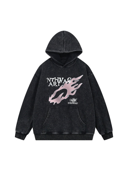 Thesupermade Washed Flame Printed Hooded Fleece Sweatshirt