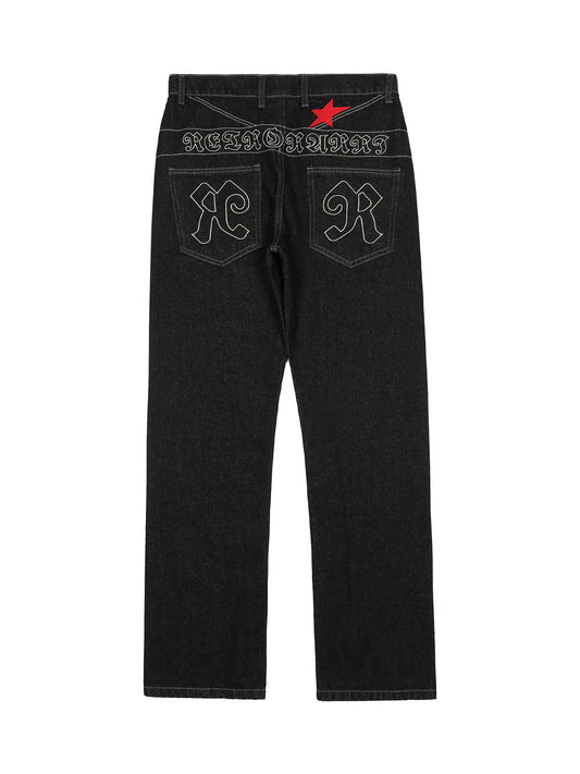 Dark Gothic Embroidered Star Straight Jeans