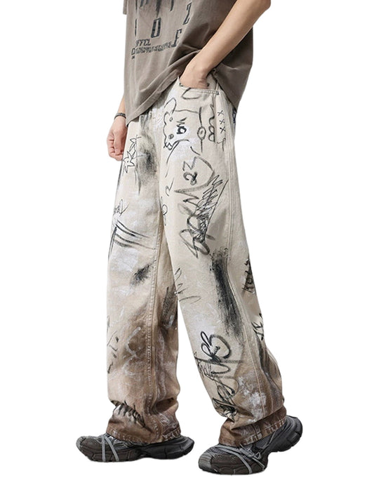 Distressed Washed Graffiti Baggy Jeans