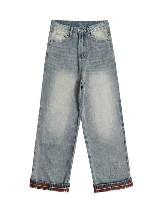 Vintage Washed Plaid Baggy Jeans