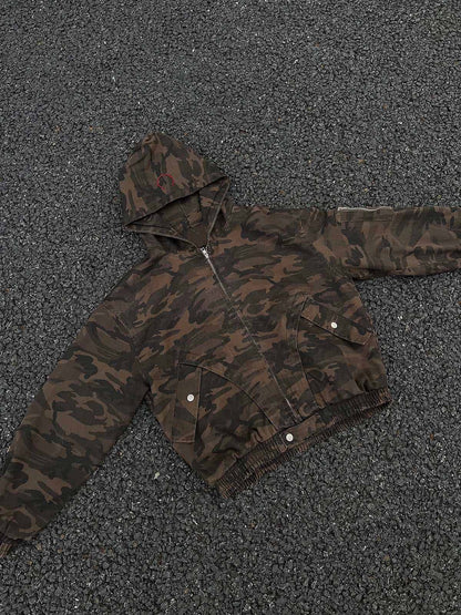 Deconstructed Camouflage Workwear Cardigan Hooded Jacket - 2290