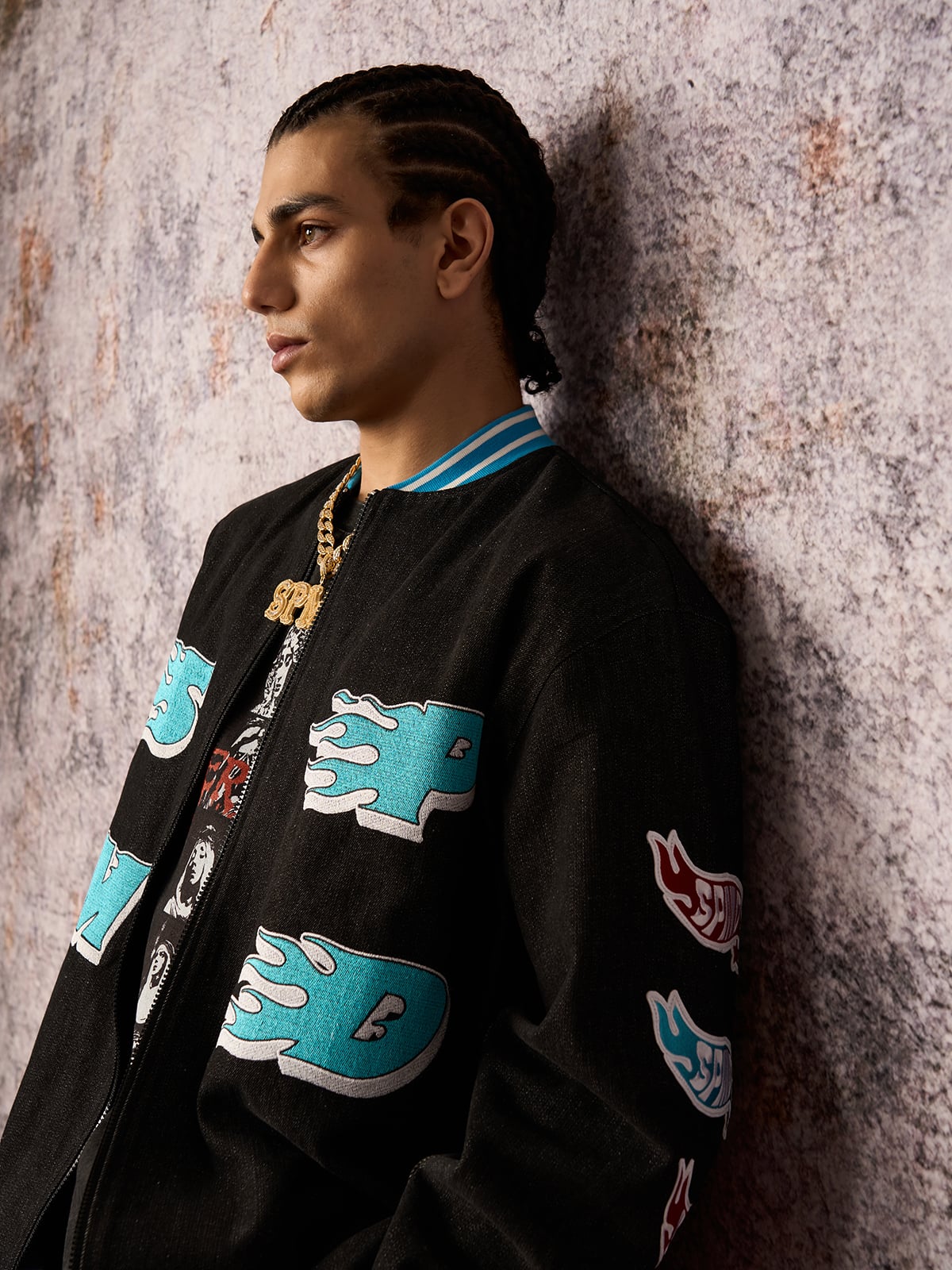 Original Embroidered Patch Flame Design Bomber Jacket