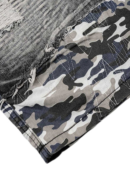 Distressed Camouflage Denim Shorts
