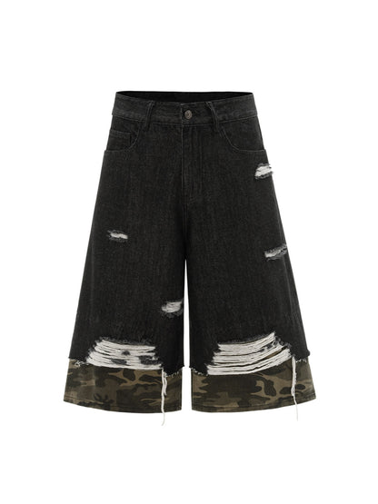 Patchwork Camouflage Ripped Denim Jorts