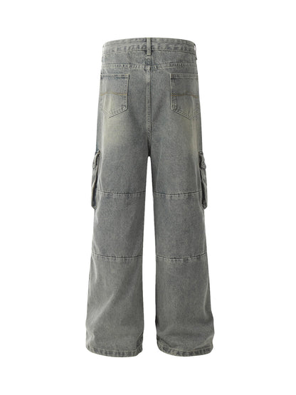 Distressed Washed Multi-Pocket Cargo Jeans