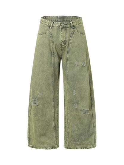 Washed Distressed Ripped Barrel Jeans