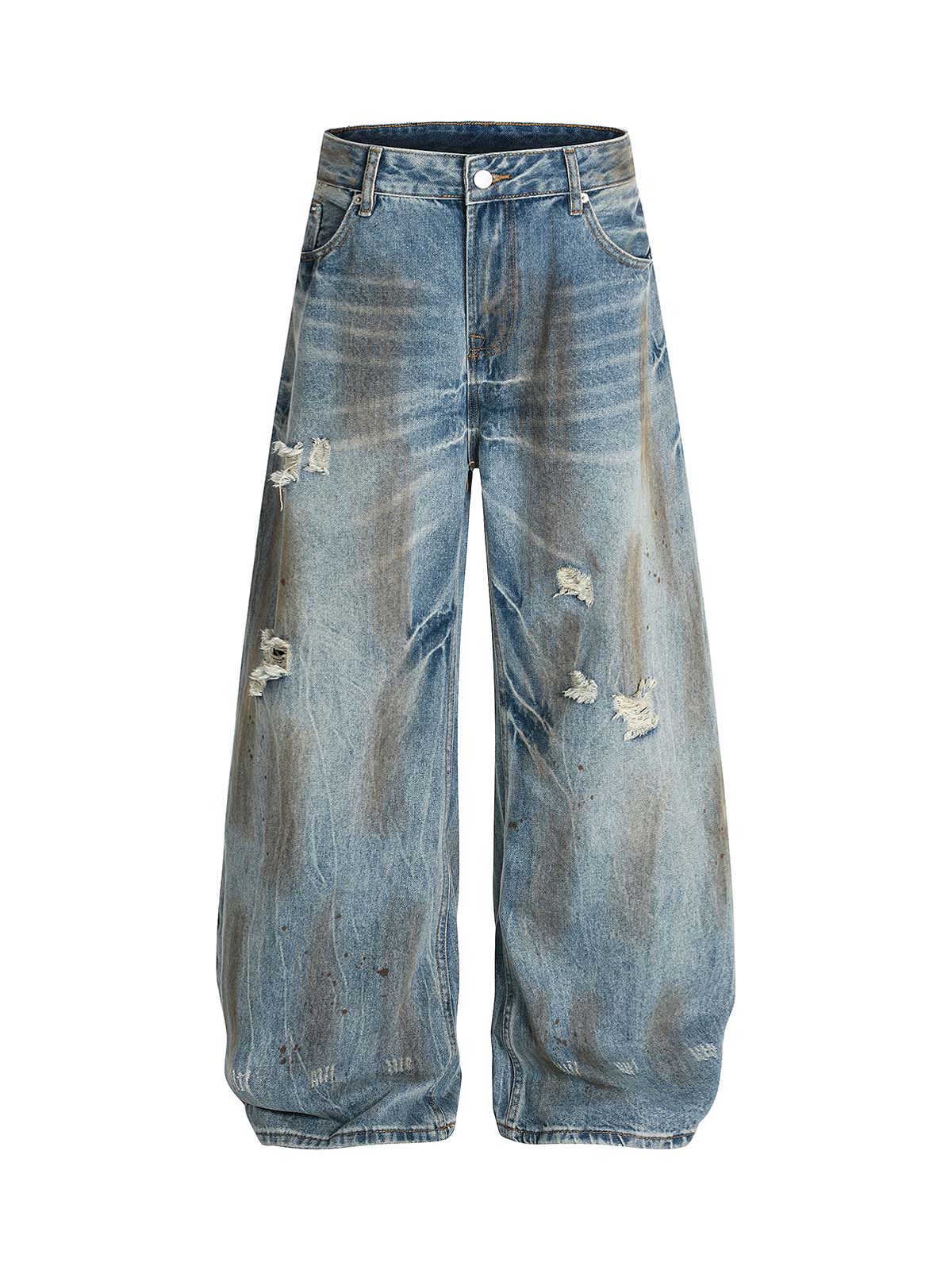 Washed Distressed Ripped Barrel Jeans