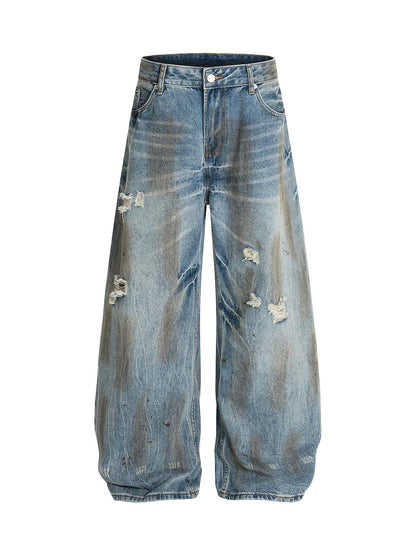 Washed Distressed Ripped Barrel Jeans