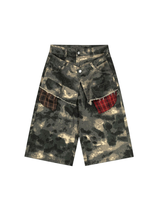 Plaid Pockets Camouflage Denim Shorts